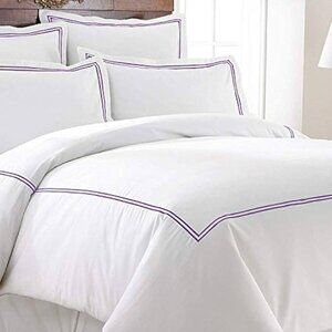 Duvet Cover + Sham Set with Purple Border - White - Full